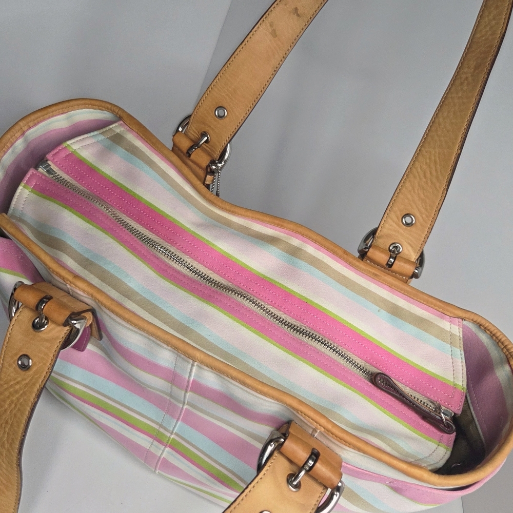 Coach Y2K Hamptons Pastel Striped Canvas & Leather Oversized Tote Bag #5177 - Picture 6 of 11